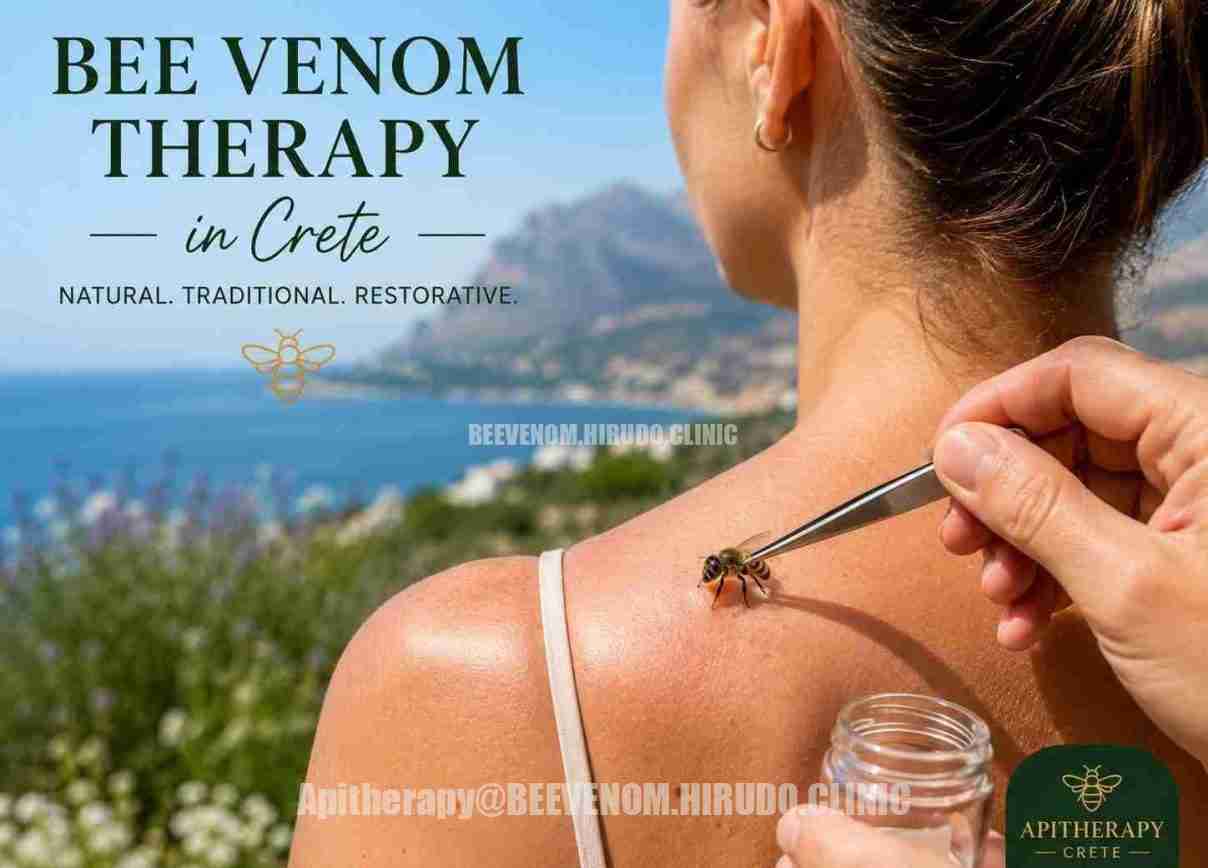 Bee venom therapy in Crete with a honeybee placed on a woman’s shoulder during a traditional outdoor apitherapy session.